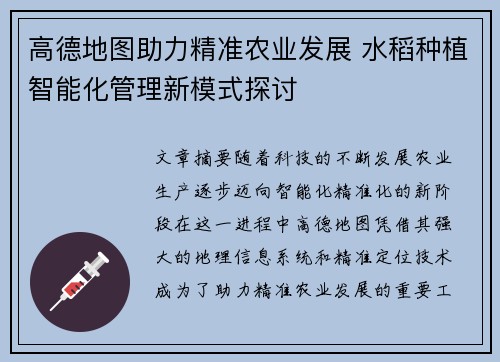 高德地图助力精准农业发展 水稻种植智能化管理新模式探讨